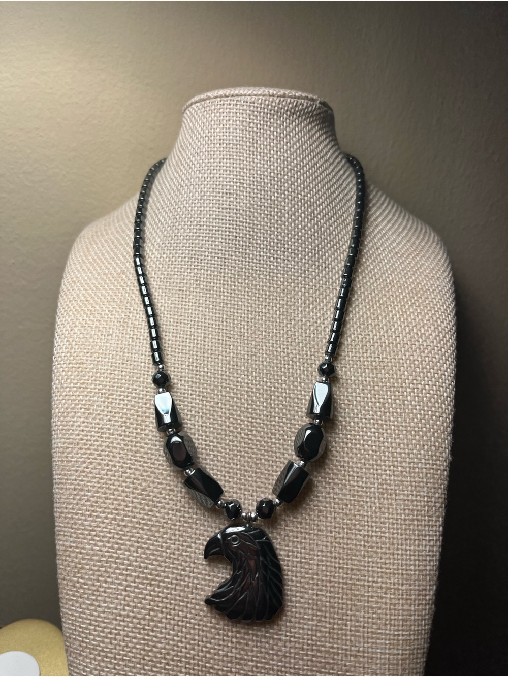 Black Hematite Eagle Head Pendant Necklace - like new
